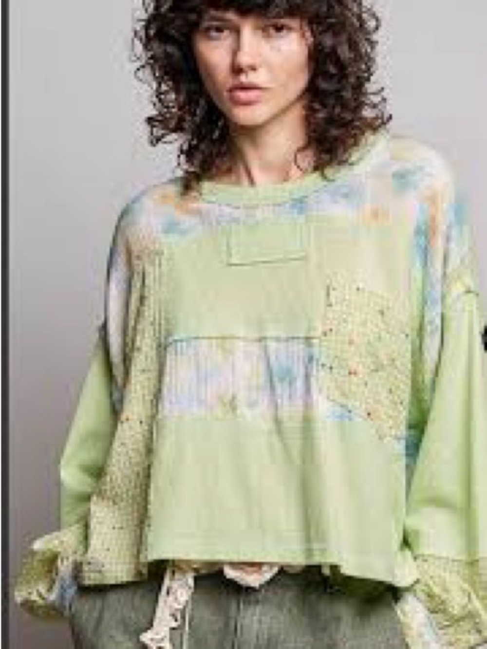 POL Light Green Patchwork Pullover with Multicolor Accents